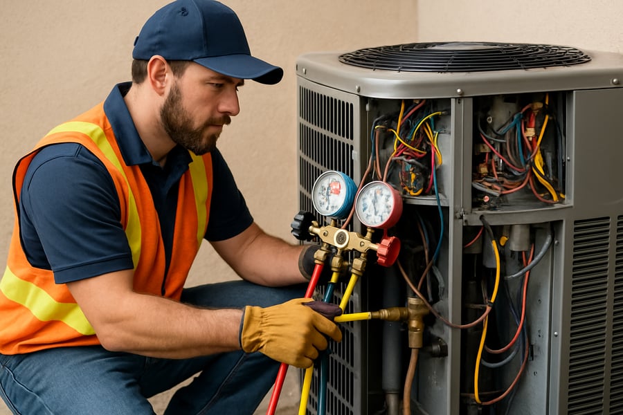 HVAC technician working on an air conditioning unit HVAC technician working on an air conditioning unit