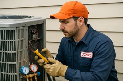 Licensed HVAC technician repairing an air conditioning unit Licensed HVAC technician repairing an air conditioning unit