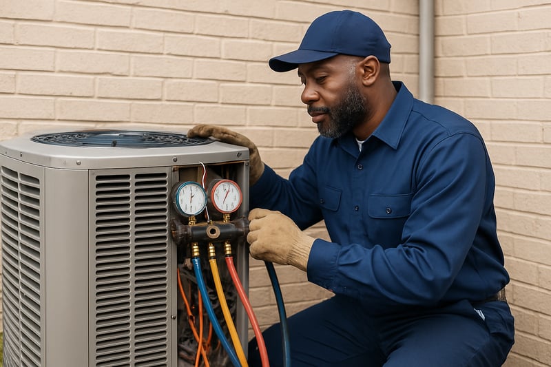 Paulwills HVAC technician servicing an air conditioning unit Paulwills HVAC technician servicing an air conditioning unit